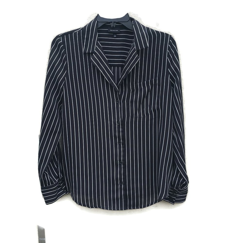Who What Wear Shirt Top Womens Button Black White Stripe Poly S Small L/S Silky